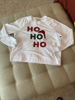 Philosophy White Holiday 'HO HO HO' Sweatshirt with Red & Green Appliques